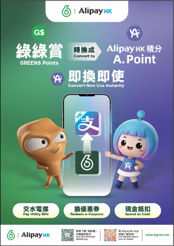 綠綠賞積分變現金 可交水電費+公屋租金！即日起免費換AlipayHK A.Point！綁定戶口即送惠康$10優惠券