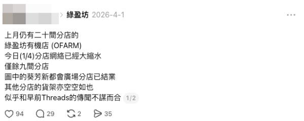 綠盈坊有機店O’Farm疑全線結業（截圖：Threads）