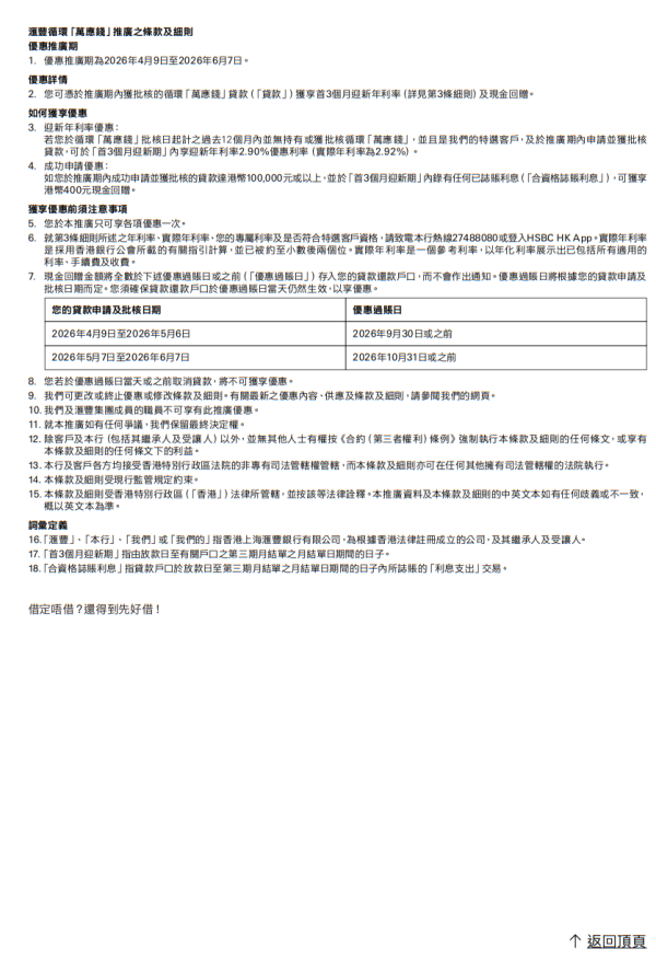 稅季貸款比較2026︰滙豐分期「萬應錢」（圖片來源︰滙豐分期「萬應錢」）