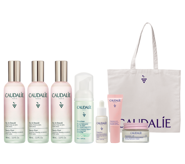 Caudalie 皇后水多用途緊膚套裝HK$790 (價值: HK$1,825) 套裝包括: 葡萄籽活性爽膚水100ml三支 葡萄籽潔面泡沫50ml 葡萄蔓極緻淡斑亮白精華10ml 白藜蘆醇提昇緊緻絲漾面霜15ml 白藜蘆醇提昇緊緻肌底眼霜5m