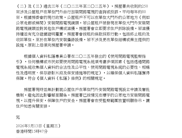 公屋裝Cam防滋擾恐被收樓！房署揭250戶違規 踩1界線最嚴重即終止租約