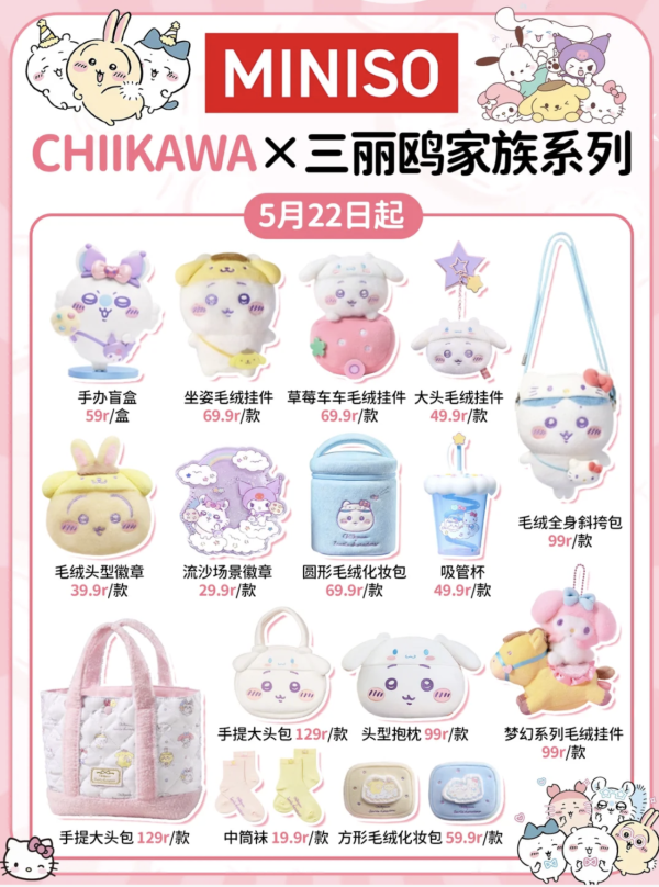 Chiikawa × Sanrio × MINISO超強聯名5月22日登場！必搶毛絨掛件/抱枕/化妝包 附預約攻略 