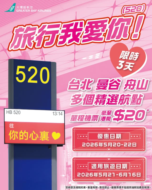 大灣區航空GBA520機票優惠限時3日!起飛台北、曼谷多個熱門航點