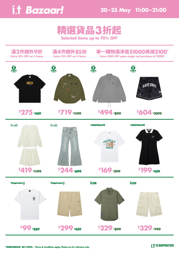 尖沙咀i.t開倉低至3折！$99起入手男女裝/Tote Bag/帽款 fingercroxx／b+ab／OBEY／Aape／Kangol