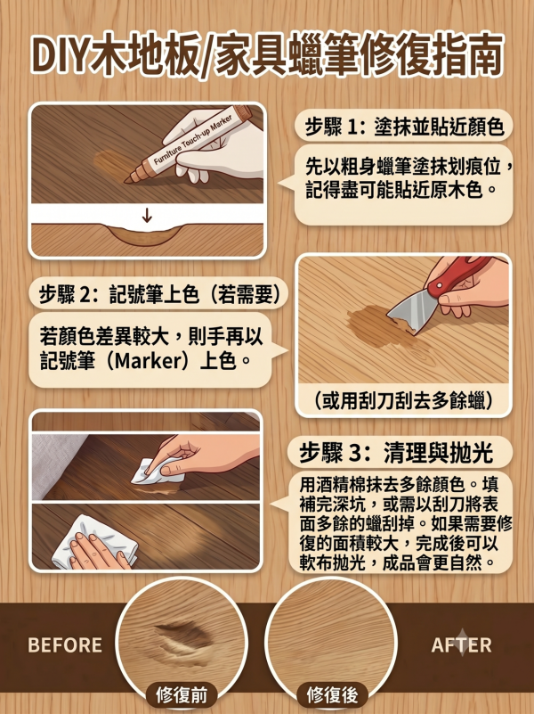 木地板刮花/撞凹修復懶人包！無須搵師傅  5招低成本DIY技巧：一物反覆磨擦劃痕秒消失 強力膠填平大深坑