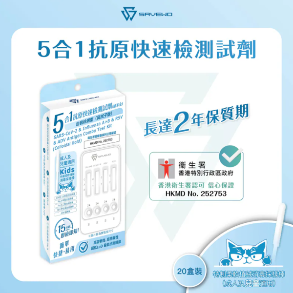 全新SAVEWO“5合1快速抗原测试”(图片来源︰SAVEWO)