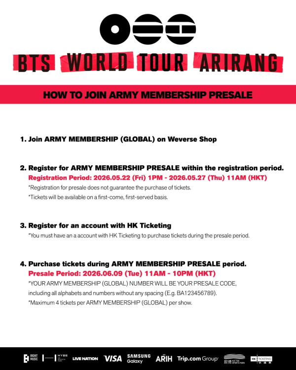 BTS演唱会2027︱BTS世巡《ARIRANG》启德体育馆香港站！门票／票价／公开预售日期／座位表（不断更新）