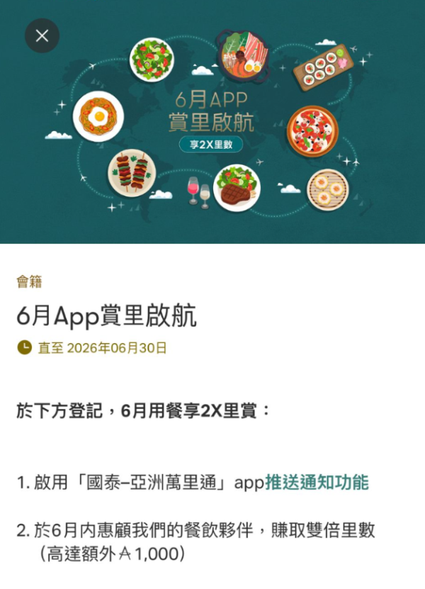 國泰Asia Miles6月快閃送1000里數！食飯即賺2倍獎賞 新客再享額外驚喜！ 