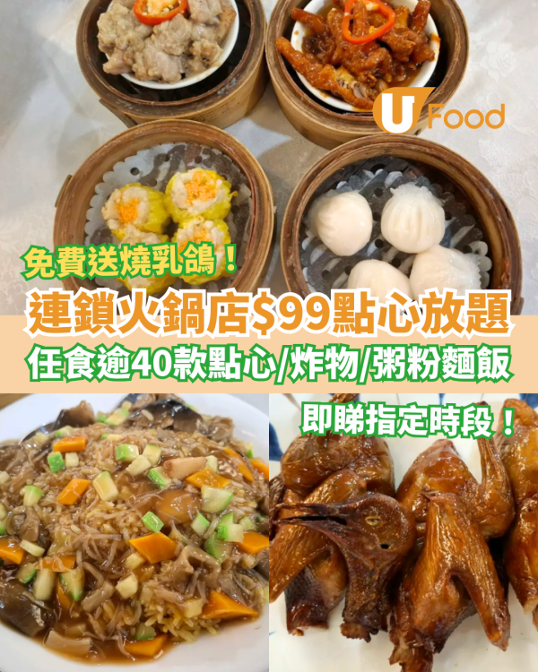 連鎖火鍋店$99點心放題大劈價！任食逾40款點心＋炸物＋炒粉麵飯／加碼免費送乳鴿 (附指定時段)