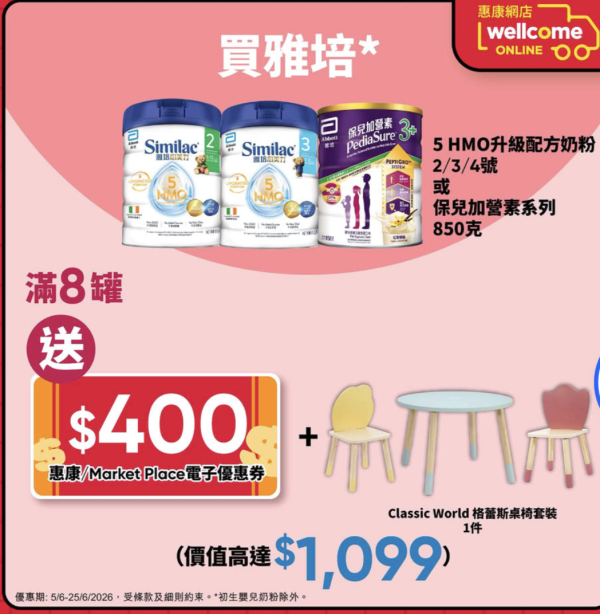 惠康買指定奶粉尿片送高達$1,698贈品 免費BRUNO 電熱鍋/兒童手推車/日式小電鍋/$400惠康現金券