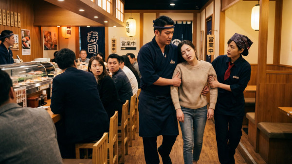 示意图:男、女店员一起扶近乎晕倒的事主到椅子坐下。 (AI制图)