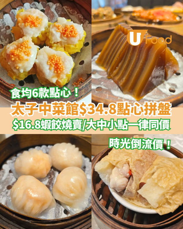 飲茶優惠｜太子中菜館$34.8歎六款點心！$16.8蝦餃燒賣／大中小點一律同價 (附指定時段)
