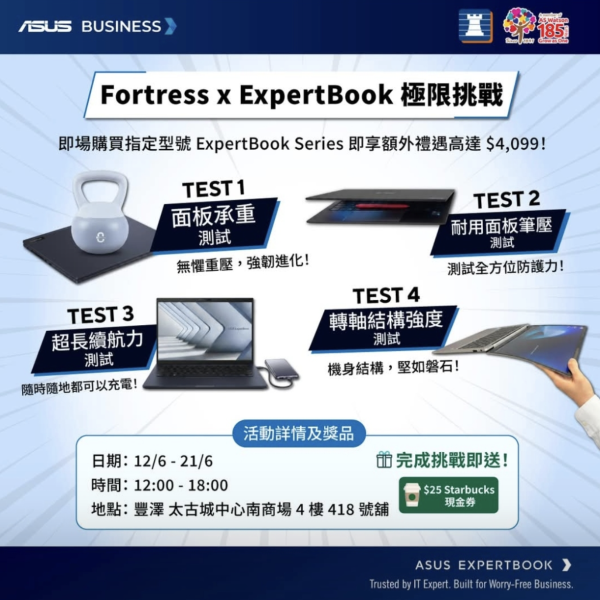 ASUS ExpertBook 極限挑戰登場 太古城豐澤試玩軍規級防護兼拎 Starbucks 現金券