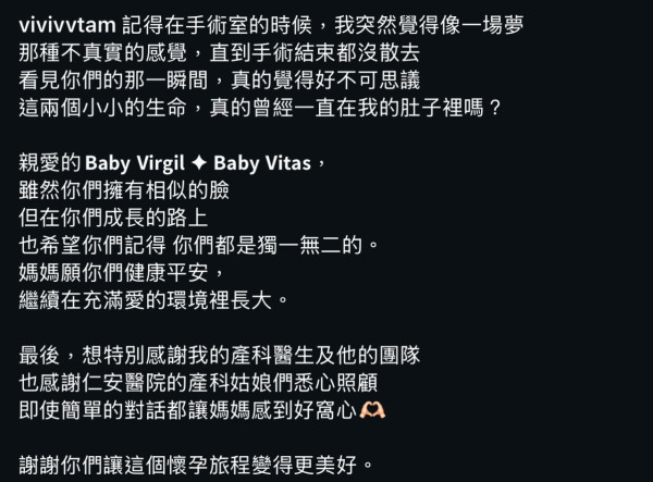 譚嘉儀宣布順利誕下雙胞胎仔仔！曝產後三母子合照：你們是獨一無二的