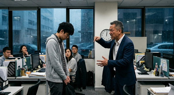 黑雨想返屋企OO唔返工？05後實習生一句話激嬲上司。圖片來源：AI生成圖片