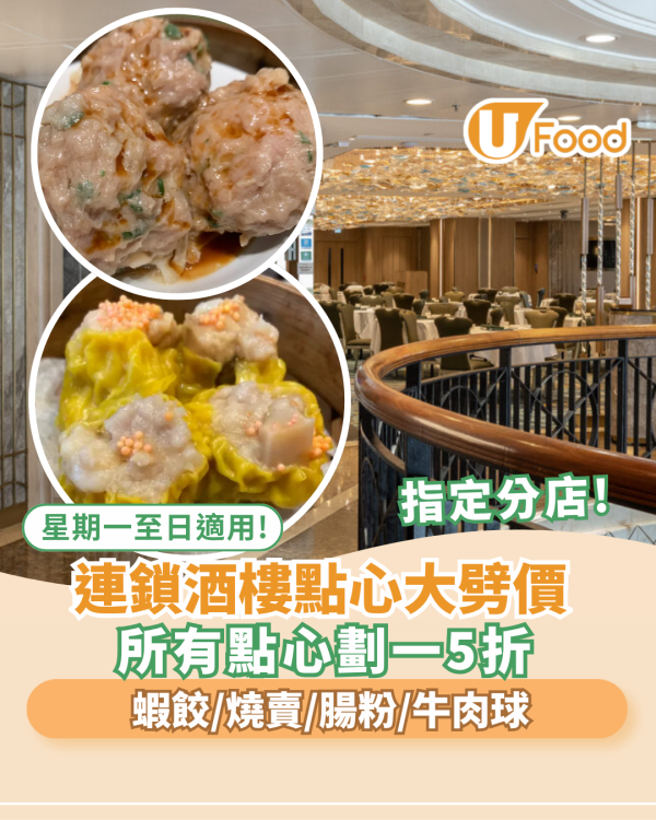 連鎖酒樓點心大劈價！所有點心劃一5折  蝦餃/燒賣/腸粉/牛肉球  星期一至日天天適用（附優惠時間）