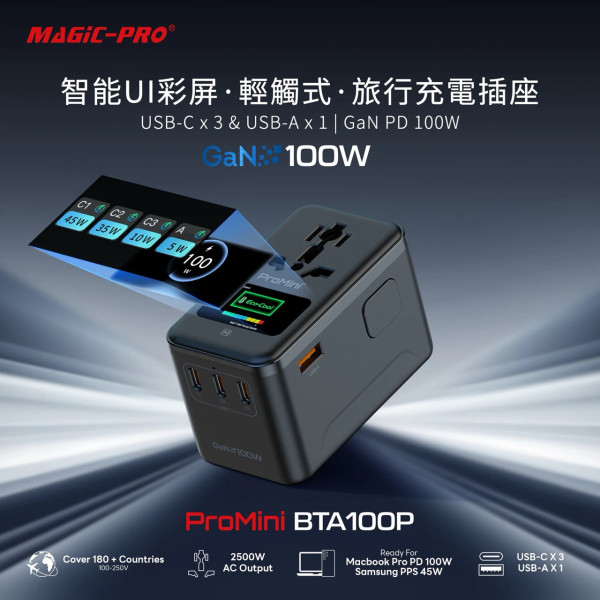 Magic-Pro 推出 ProMini BTA100P 旅行充電器 GaN 100W + 觸控彩屏 + 4 國轉插 HK$388 一支走天涯