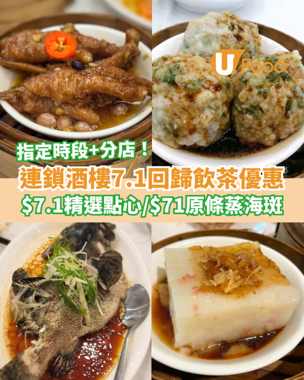 飲茶優惠｜連鎖酒樓7.1回歸飲茶優惠！$7.1歎精選點心／$71搶原條清蒸海斑 (附指定分店及時段)