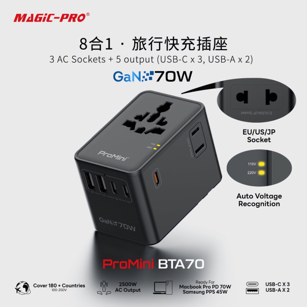 Magic-Pro BTA70旅行插座｜3 AC + 5 USB 共 8 端口　70W GaN 快充　預購加送 10,000mAh 流動電池超著數