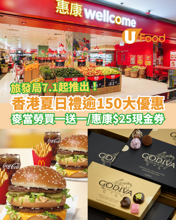 旅發局香港夏日禮逾150大優惠合集！麥當勞買一送一／惠康超市$25優惠券／Godiva即減$15 (1招領取優惠券)