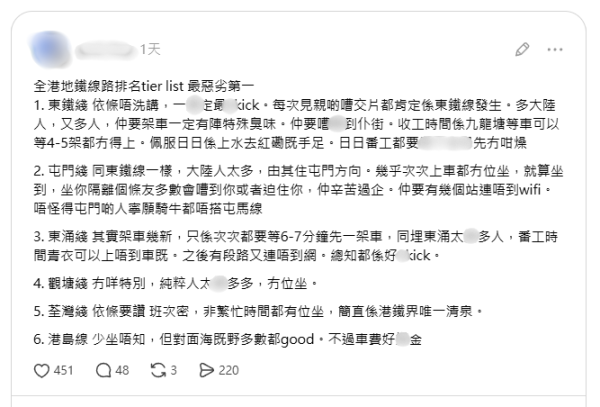 网评港铁最地狱路线!东铁线9卡车登榜首 屯马线被批 揭唯一清泉