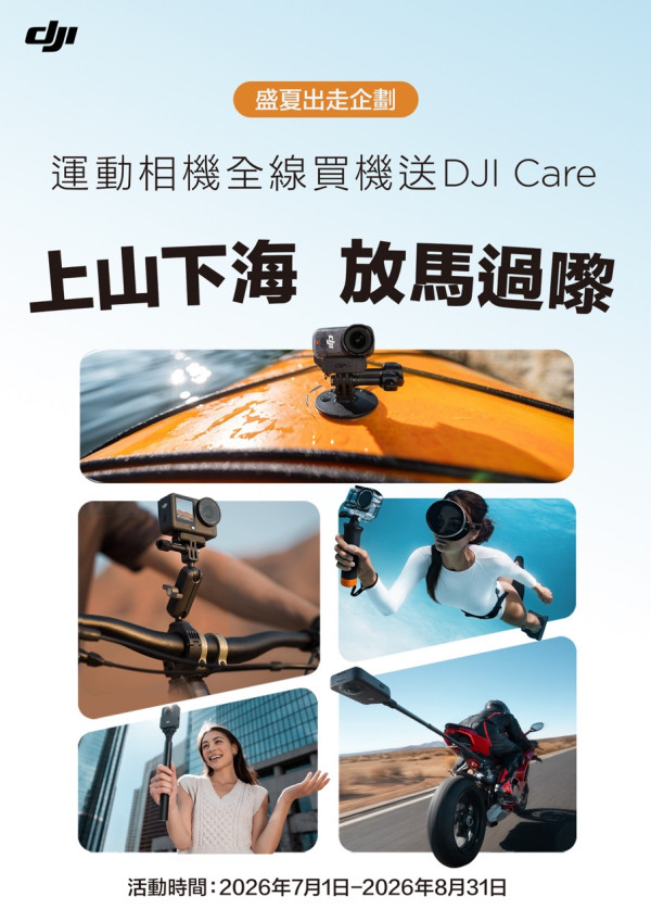 DJI「盛夏出走企劃」開跑！Osmo 360 標準套裝減 HK$490 + Action 5 Pro 減 HK$300 + Neo 減 HK$180，附送 1 年 DJI Care + 配件 85 折