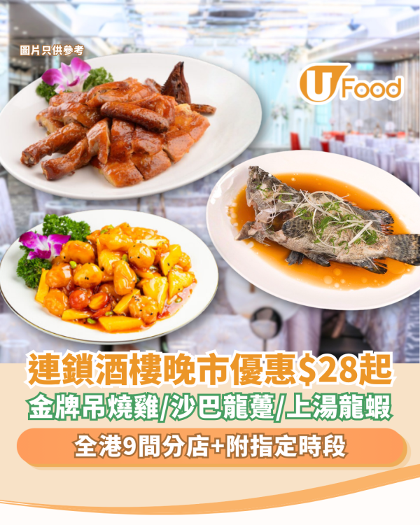 酒樓優惠｜連鎖酒樓晚市大劈價$28起！任揀吊燒雞／沙巴龍躉／上湯龍蝦 (全港9間分店)