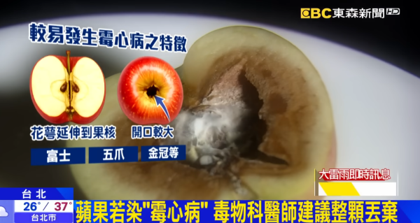 蘋果切開驚見白絲爛心或染「霉心病」 醫生警告：切走發霉繼續食隨時食物中毒！