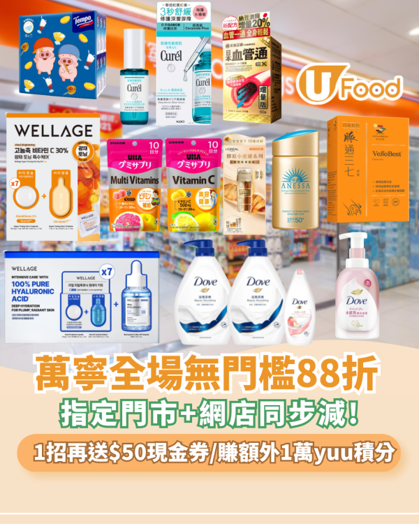 萬寧優惠｜快閃1日全場無門檻即享88折  1招再送$50現金券＋疊加買2送1折上折！門市網店同步減 