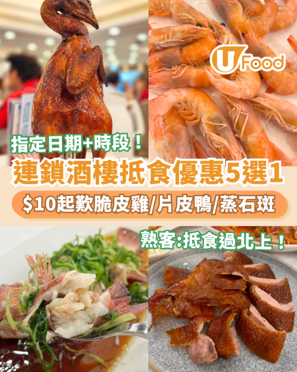 連鎖酒樓限時大劈價5選1優惠！最平$10起歎脆皮雞＋片皮鴨＋清蒸石斑／熟客：抵食過北上 (附指定分店及時段)