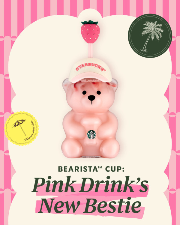 Starbucks粉紅熊仔士多啤梨造型玻璃杯登陸香港！草莓吸管+印有Starbucks字帽 加$20歎特大杯凍手調（附開賣日期）