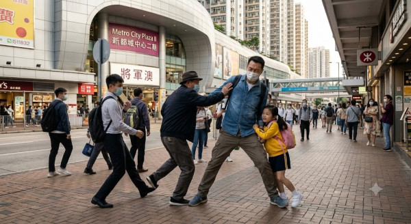 香港疑現日本「撞人族」？將軍澳多區商場淪陷。圖片來源：AI生成圖片