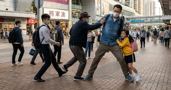 香港疑現日本「撞人族」?將軍澳多區商場淪陷。圖片來源:AI生成圖片