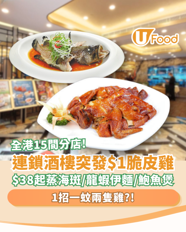 連鎖酒樓突發$1隻脆皮雞！$38起歎清蒸海斑＋龍蝦伊麵＋鮑魚煲／全港15間分店一覽 (附優惠時段)