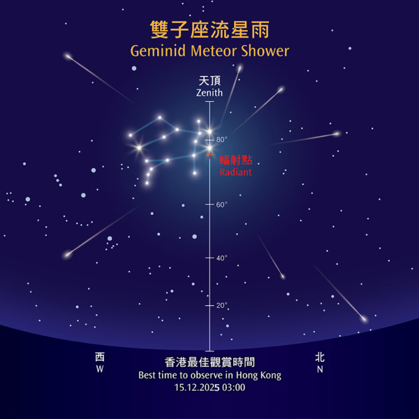 圖為2025年雙子座流星雨，流星會以輻射點為中心向外散射而出，雙子座流星雨的輻射點於12月15日凌晨三時升到接近天頂位置。（圖片來源︰香港太空館）
