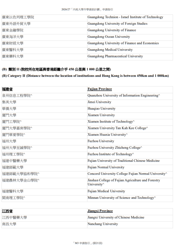 2026/27「內地大學升學資助計劃」下指定的中國內地院校名單(圖片來源︰教育局)