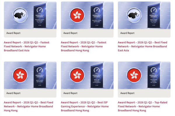 Ookla Speedtest Awards 認證！HKT Netvigator 一口氣奪 6 項 2026 上半年大獎　下載速度拋離對手