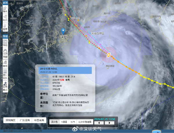 颱風紅霞今夜至明晨登陸香港至揭陽一帶 深圳升級橙色預警料有極端暴雨 