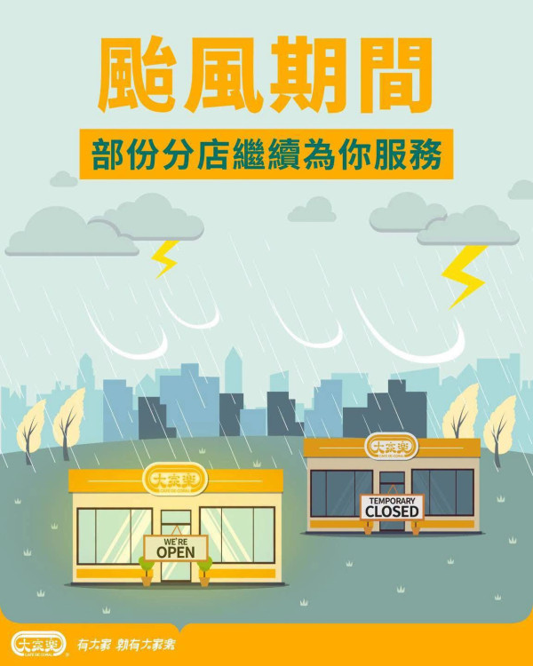 颱風紅霞8號風球|打風照常營業連鎖餐廳+外賣 麥當勞/譚仔/KFC/大快活(持續更新)