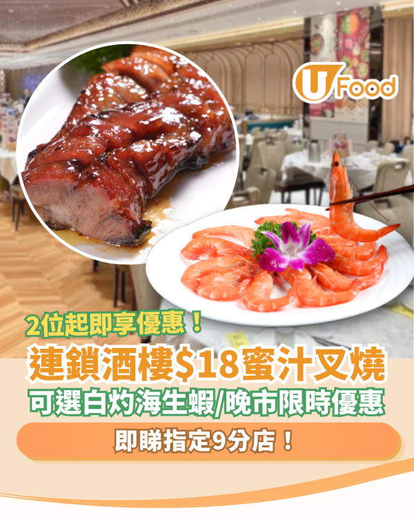 【酒樓優惠】連鎖酒樓激抵$18蜜汁叉燒！可選鮮甜白灼海生蝦／即睇指定分店＋時段