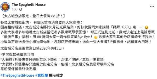 意粉屋突發指定分店結業88折優惠！再送7折優惠券 