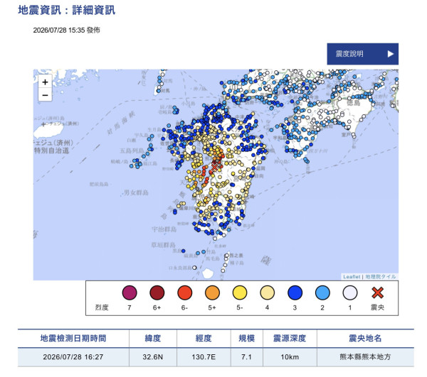 日本熊本發生7.1級強震！ 宇城市、冰川町震度高達7級 有明及八代海發佈海嘯警報 