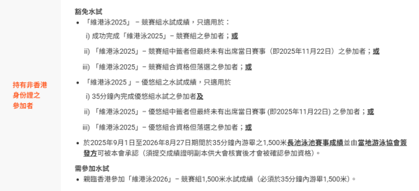 維港泳2026競賽組參賽資格（圖片來源︰中國香港游泳總會）