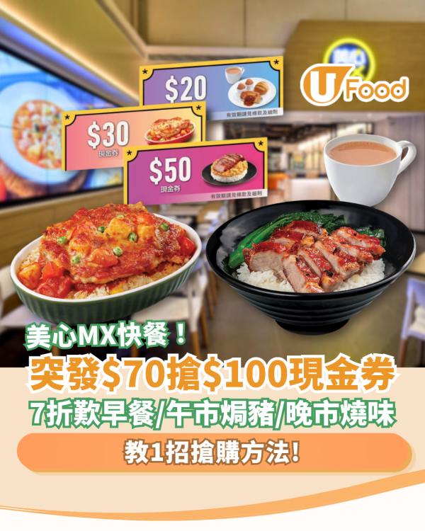 快餐優惠｜美心MX突發$70搶$100現金券！7折歎早餐/午市焗豬/晚市燒味 (教1招搶購方法)