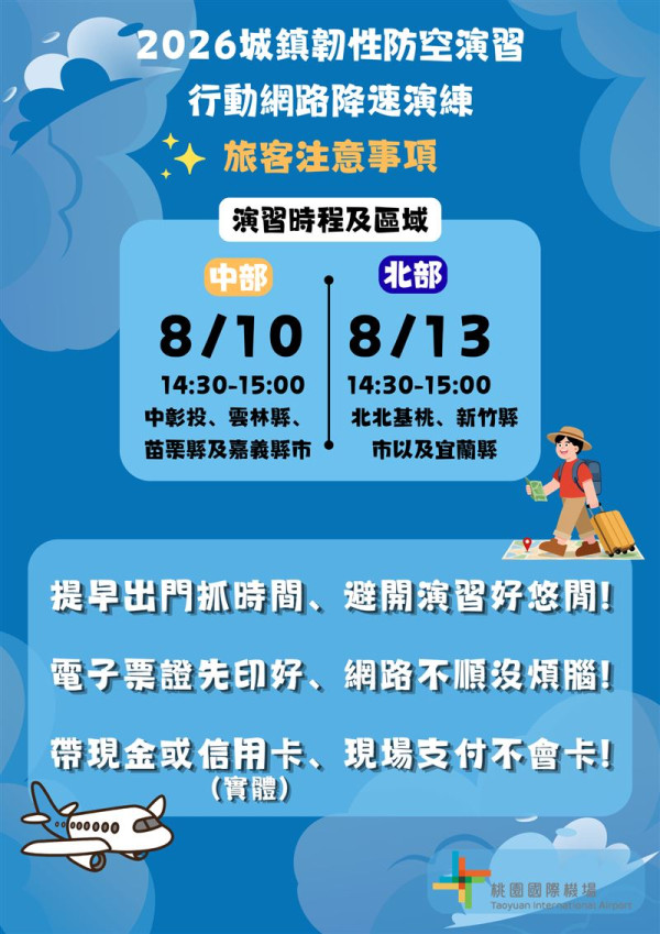 遊台注意|8.13桃園機場演習!網路恐大幅降速兼無車 旅客建議提前做好3大準備