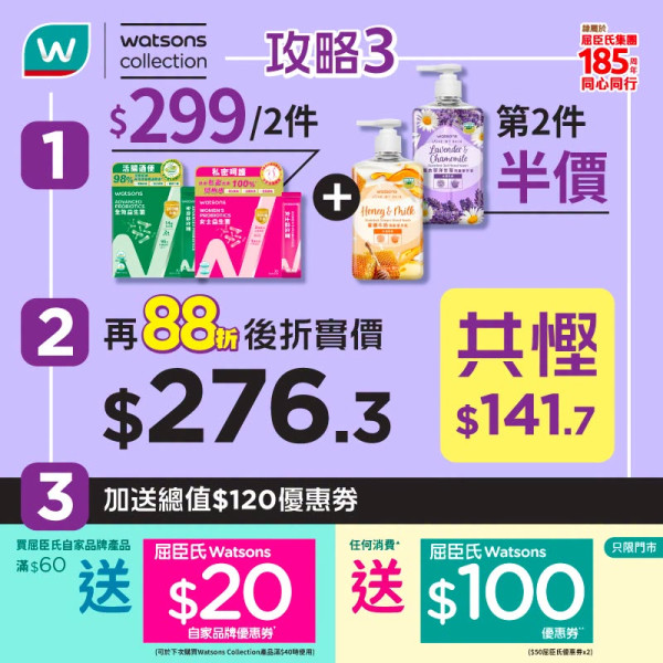 屈臣氏全場無門檻88折 任意消費再送$100優惠券+疊加買 2 送 1 ＋支付回贈（附必掃清單）