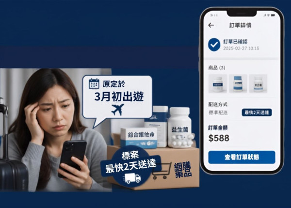 消委會藥品投訴個案3,網購藥品缺貨預計2天到貨變無期延誤。(圖片來源︰AI製圖)