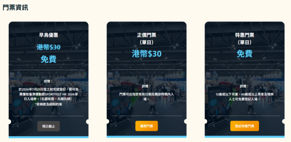 香港運動節門票為HK$30,大家可於指定有效日期及開放時間內入場。(圖片來源︰香港運動節2026)