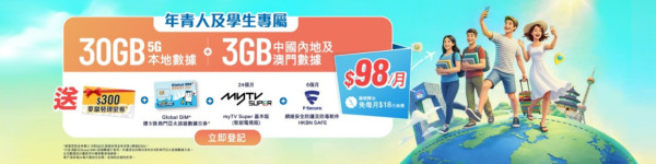 HKBN新推學生及年青人5G Plan　月費 $100 有找包 30GB 本地＋3GB 大灣區數據及 myTV SUPER　期間限定加送麥當勞券更抵