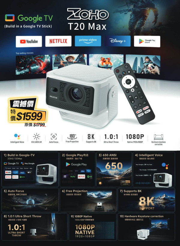 電腦節 2026｜ZOHO 流動屏幕 $499 起　15.6 吋 QLED 觸控屏 $899　Google TV 投影機 $998 起